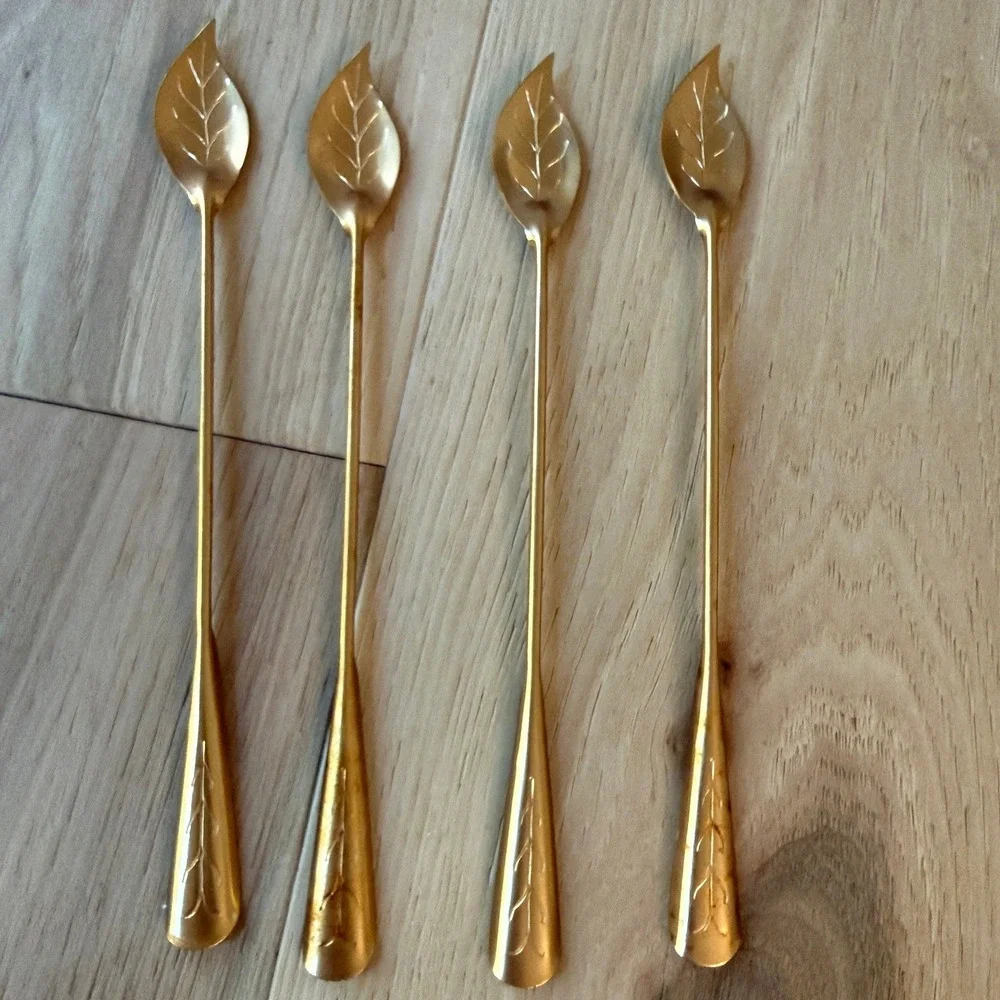 Leaf Iced Tea Spoons Set of 4 Gold/Copper tone MCM Vintage Style Flatware